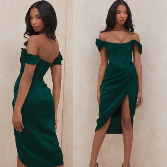House of CB  Loretta Emerald Green Satin Off‎ Shoulder Dress Size XS NWOT - Picture 3 of 12